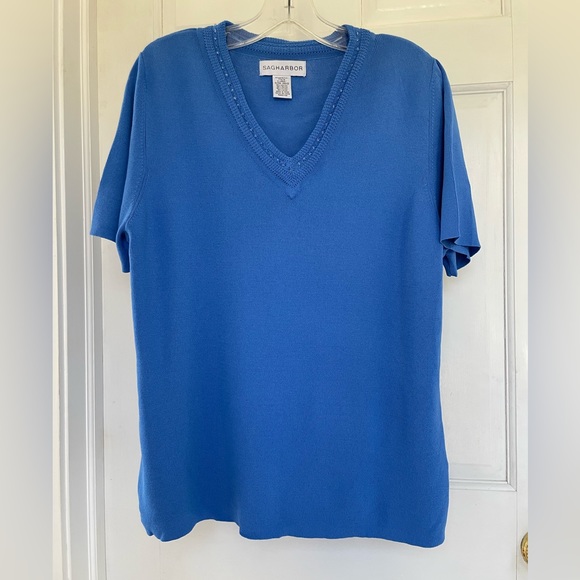 Cornflower Blue Sag Harbor, XL short sleeve sweater with decorative neckline - Picture 1 of 6